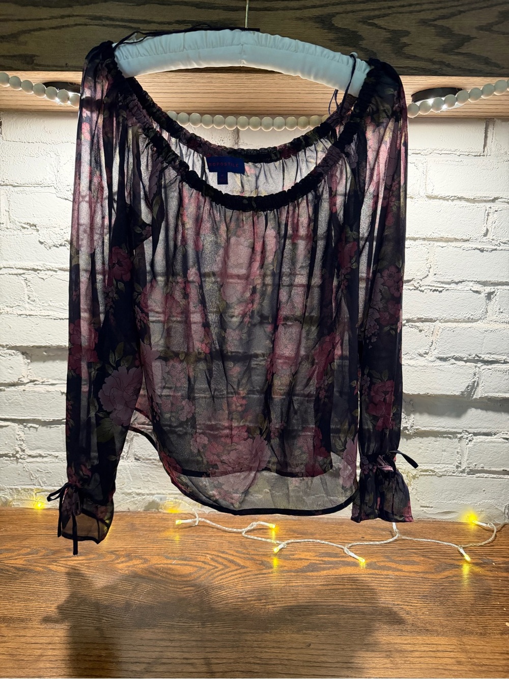 Sheer Floral Off-Shoulder Blouse in Navy and Pink 0066
